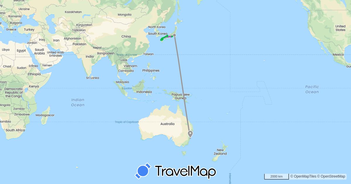 TravelMap itinerary: bus, plane, train, boat in Australia, Japan (Asia, Oceania)